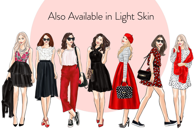 watercolor-fashion-clipart-girls-in-black-white-amp-red-dark-skin