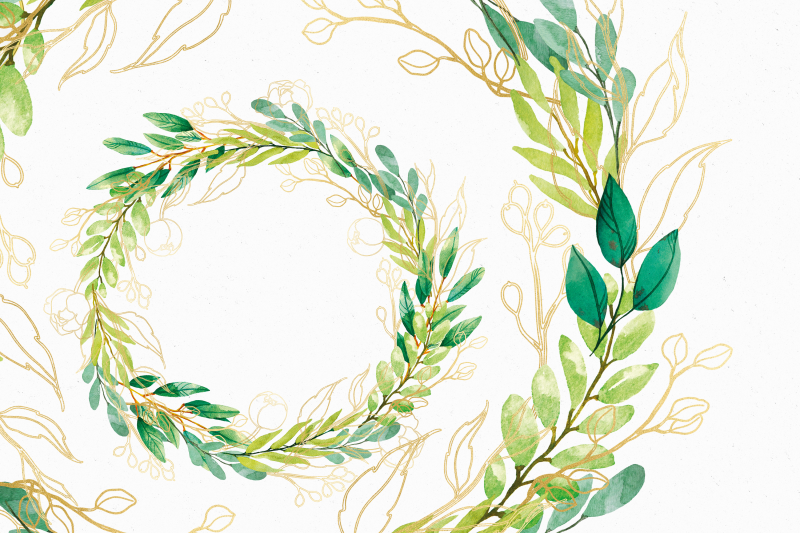 greenery-and-gold-watercolor-floral-wreaths