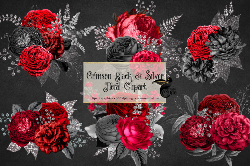 crimson-black-and-silver-floral-clipart