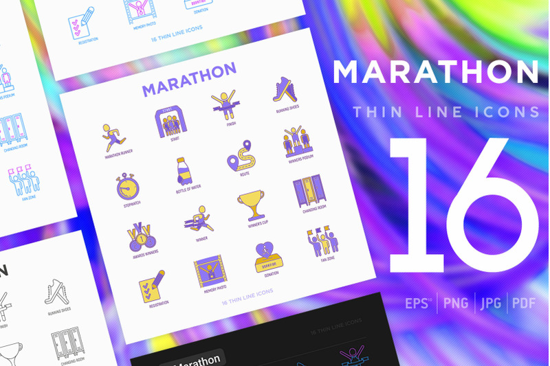 marathon-16-thin-line-icons-set