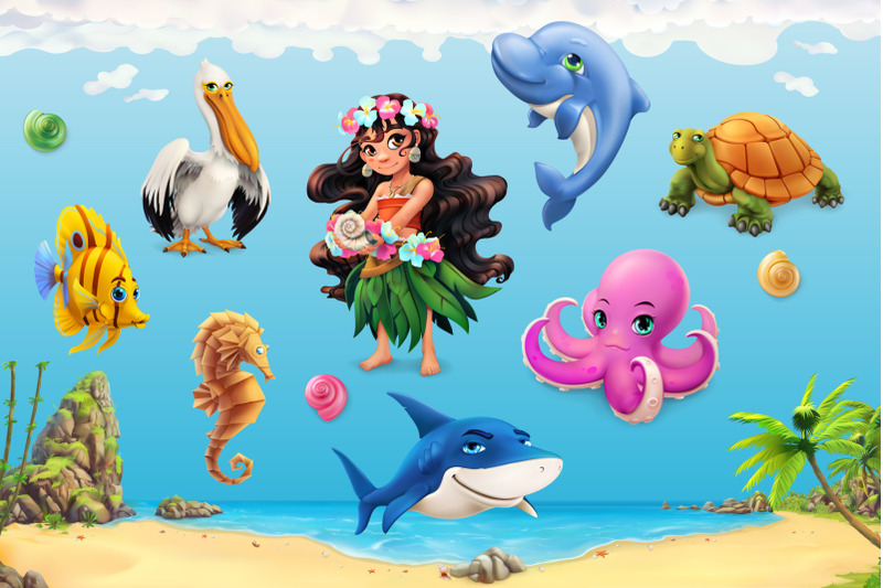 little-girl-sea-animals-vector-icons-sunny-beach-tropic-background