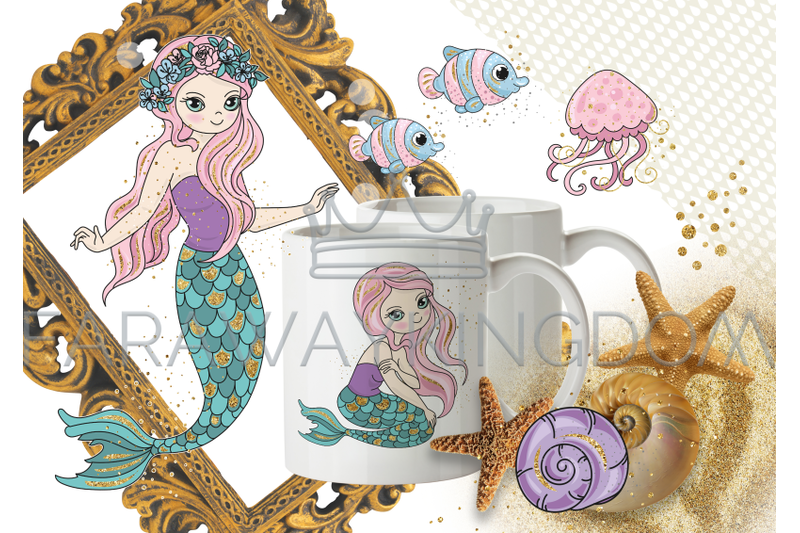 mermaids-glitter-tropical-cartoon-vector-illustration-set-for-print