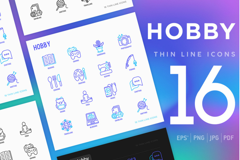 hobby-16-thin-line-icons-set