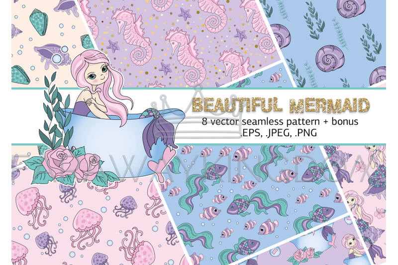 beauty-mermaid-sea-ocean-cartoon-vector-illustration-seamless-pattern