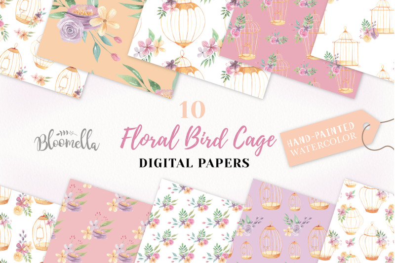 birdcage-seamless-patterns-floral-watercolour-flower-digital-papers