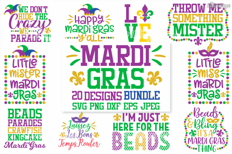 Download Mardi Gras SVG Bundle of 20 Designs, DXF, PNG, Cricut, Cutting Files By The Design Hippo ...