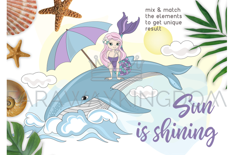 mermaid-vacation-glitter-cartoon-vector-illustration-set-for-print