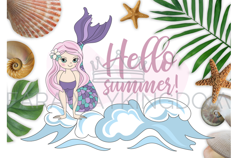 mermaid-vacation-glitter-cartoon-vector-illustration-set-for-print