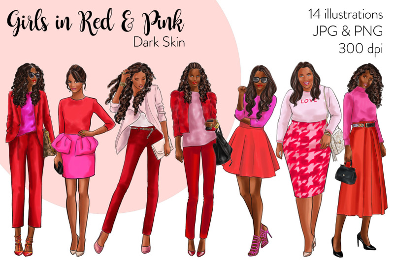 watercolor-fashion-clipart-girls-in-red-and-pink-dark-skin