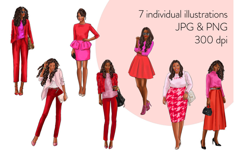 watercolor-fashion-clipart-girls-in-red-and-pink-dark-skin