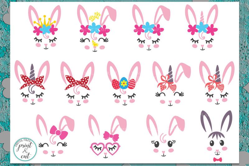 bunny-rabbit-faces-with-flowers-unicorn-horn-crown-bandana-clip-art