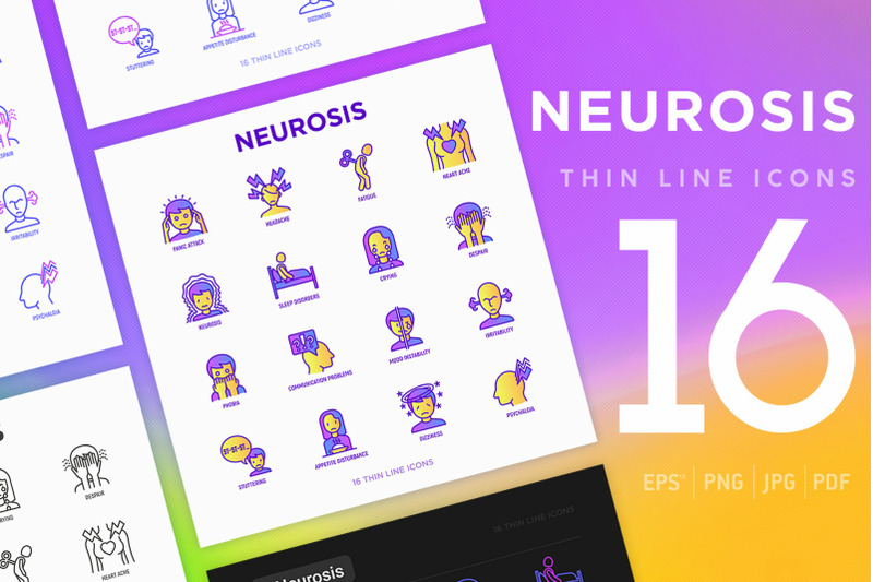 neurosis-16-thin-line-icons-set