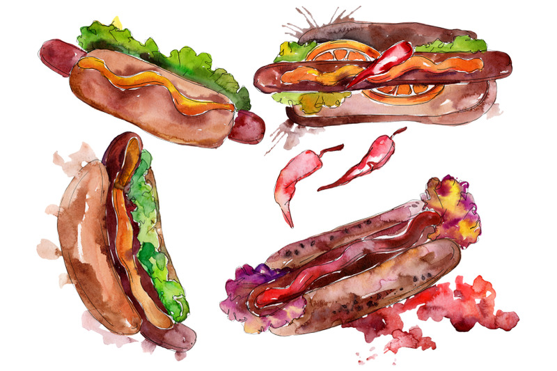 hot-dog-with-pepper-watercolor-png