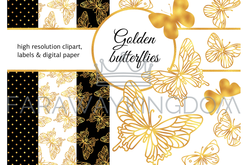 golden-butterflies-digital-paper-frame-label-collection-for-print