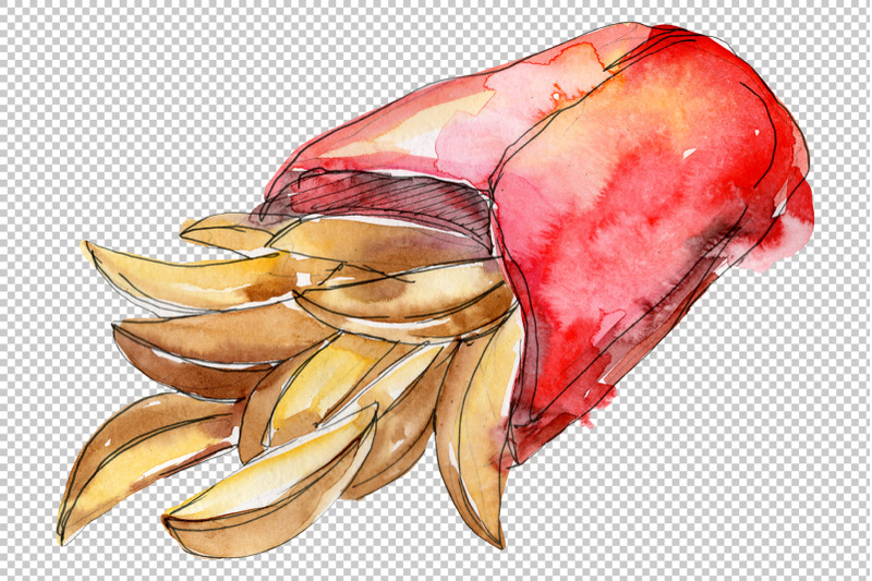 french-fries-with-sauce-watercolor-png