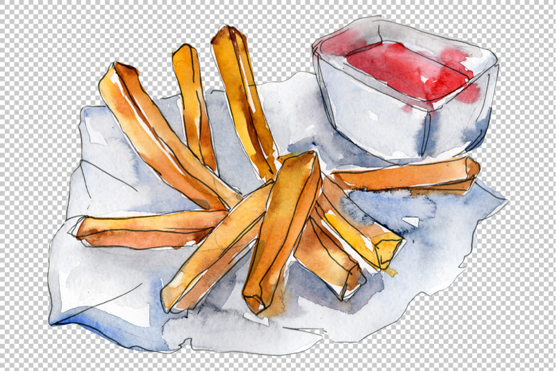 french-fries-with-sauce-watercolor-png