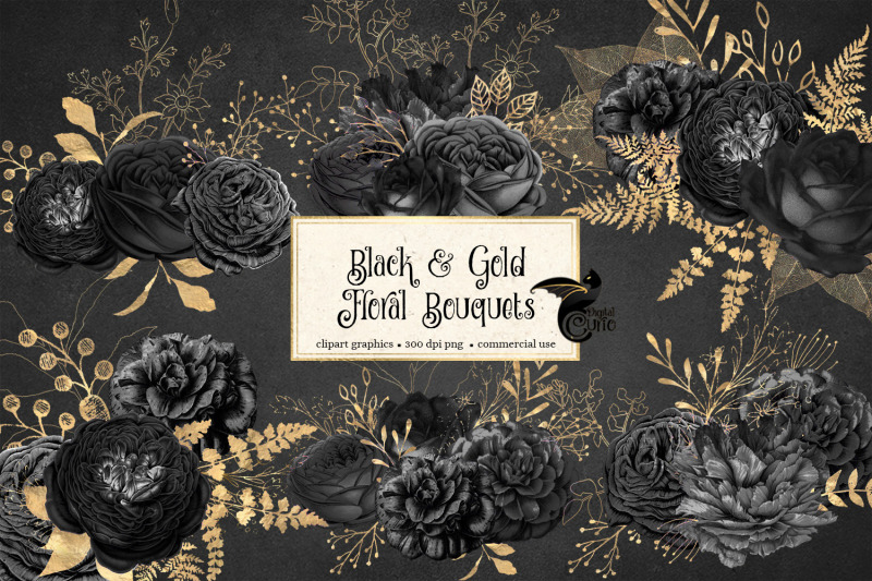 black-and-gold-floral-bouquets-clipart