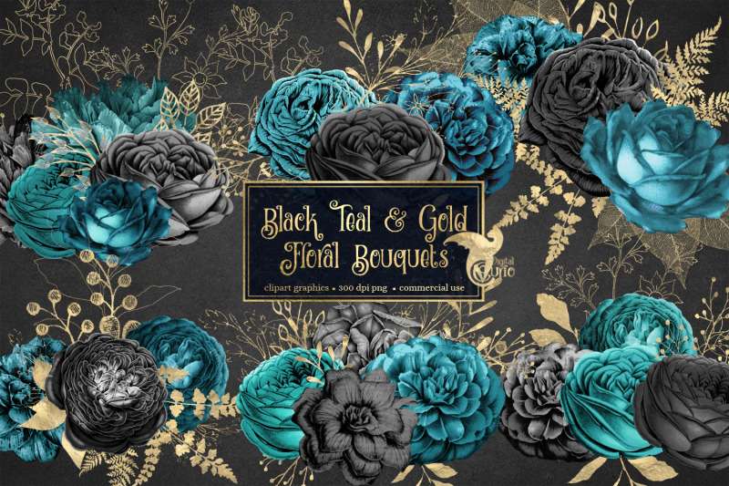 black-teal-and-gold-floral-bouquets-clipart
