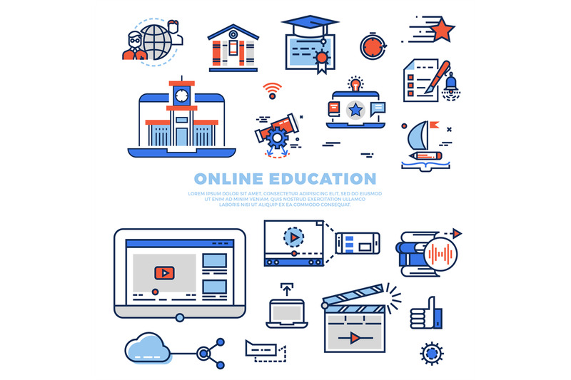online-education-colorful-line-icons-and-infographics-isolated-on-whit