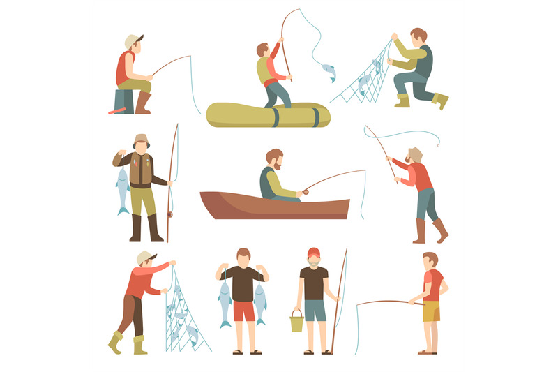 summer-fishing-sport-vacation-vector-flat-icons-fishermen-with-fish-s