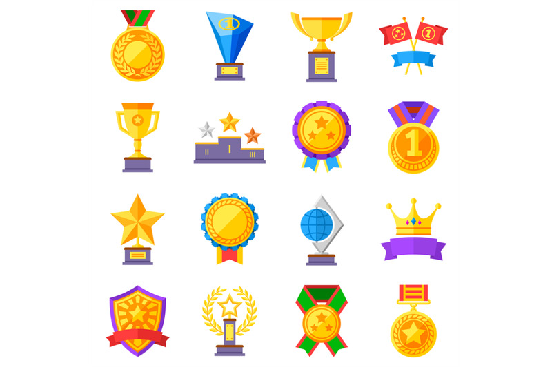 flat-rewards-vector-icons-gold-cups-medals-and-crowns-pictograms