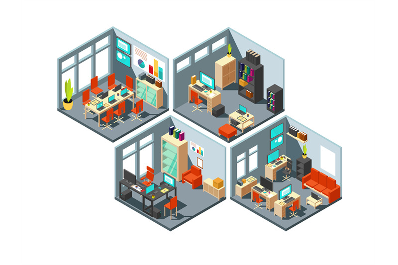 isometric-business-offices-with-different-workspaces-3d-vector-office