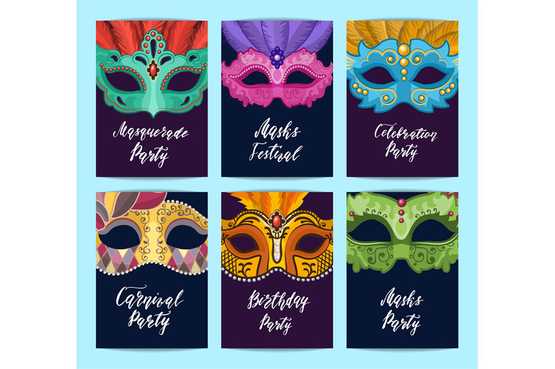 vector-card-or-flyer-templates-set-with-carnival-masks-illustration