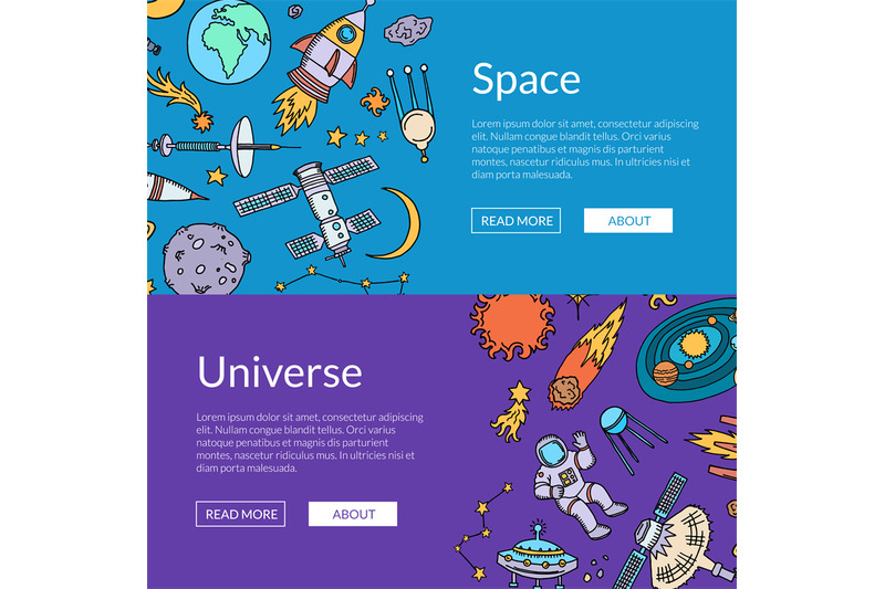 vector-hand-drawn-space-elements-horizontal-web-banners-illustration