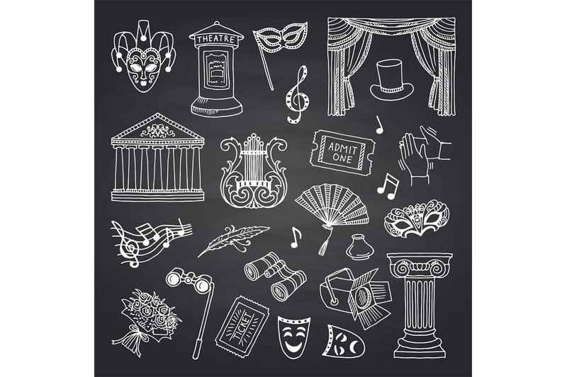 vector-set-of-doodle-theatre-elements-on-black-chalkboard-illustration