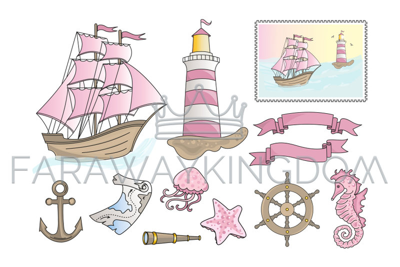 pink-sea-travel-cruise-cartoon-vector-illustration-set-for-print