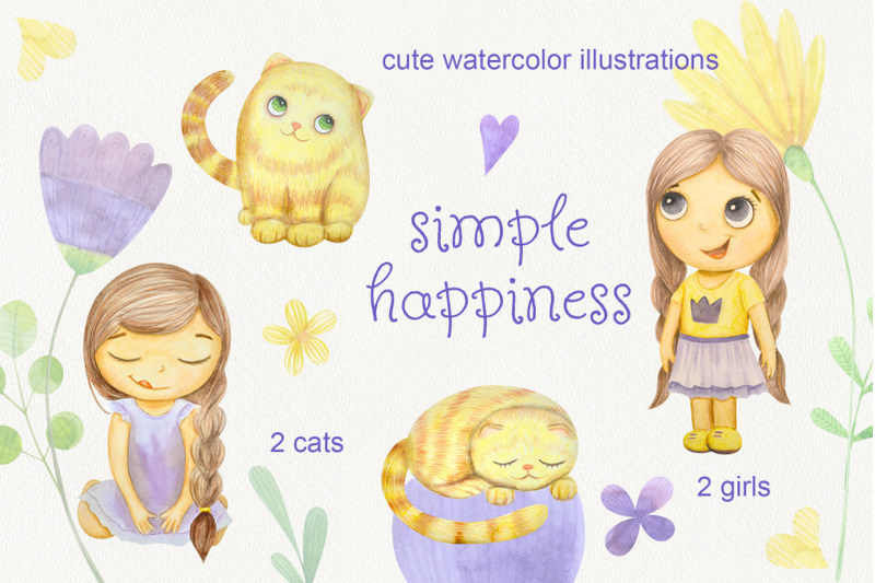 simple-happines-set-of-watercolor-girls-and-cats