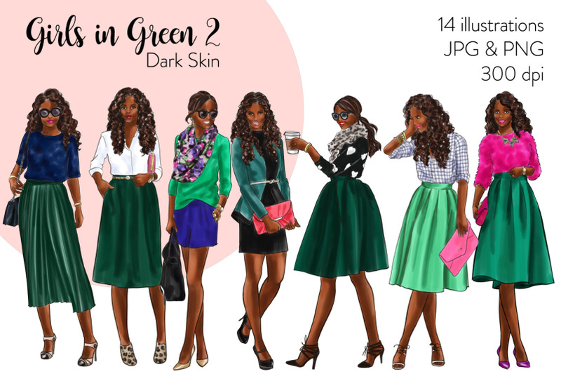 watercolor-fashion-clipart-girls-in-green-2-dark-skin
