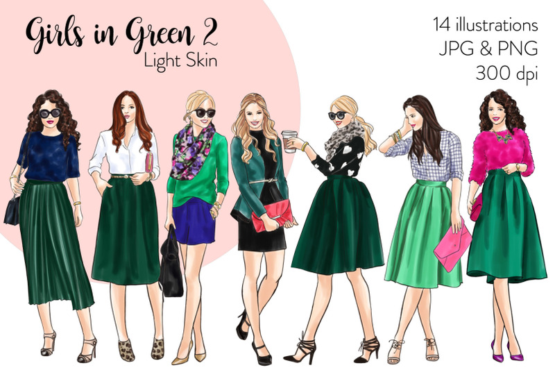 watercolor-fashion-clipart-girls-in-green-2-light-skin