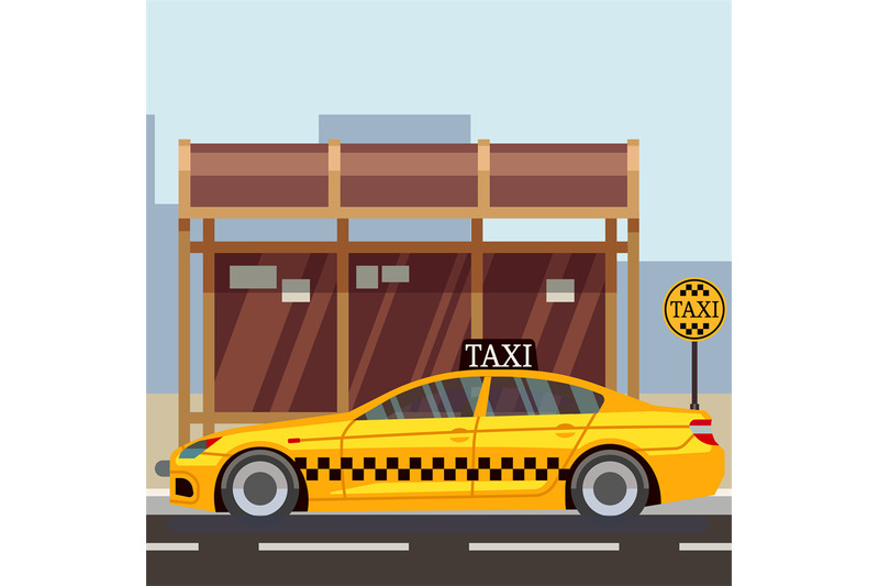 taxi-flat-poster-taxi-car-on-taxi-stop