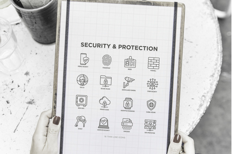 security-protection-16-thin-line-icons-set