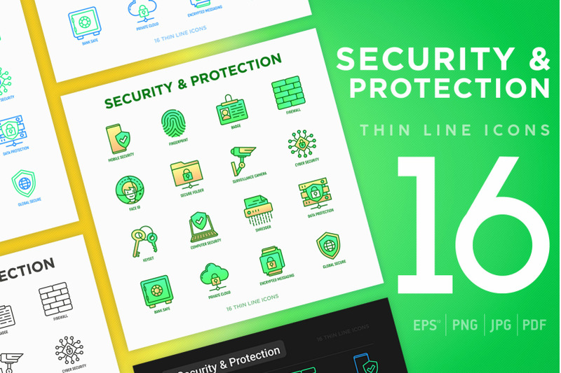 security-protection-16-thin-line-icons-set
