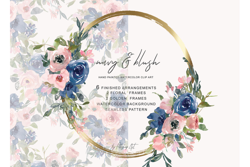 watercolor-navy-and-blush-floral-bouquet-clipart