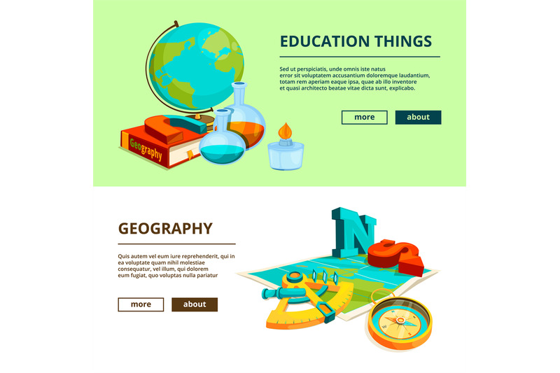 horizontal-banners-with-cartoon-pictures-of-science-and-geography-symb