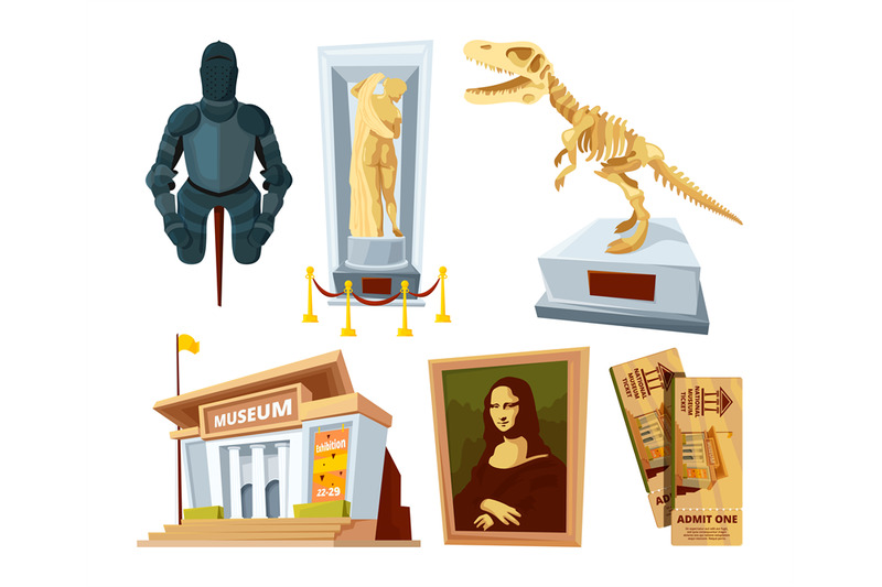set-cartoon-pictures-of-museum-with-exhibit-pod-and-tools-of-various-historical-periods