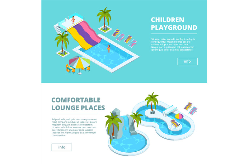 horizontal-banners-with-isometric-pictures-of-water-park-and-kids-play