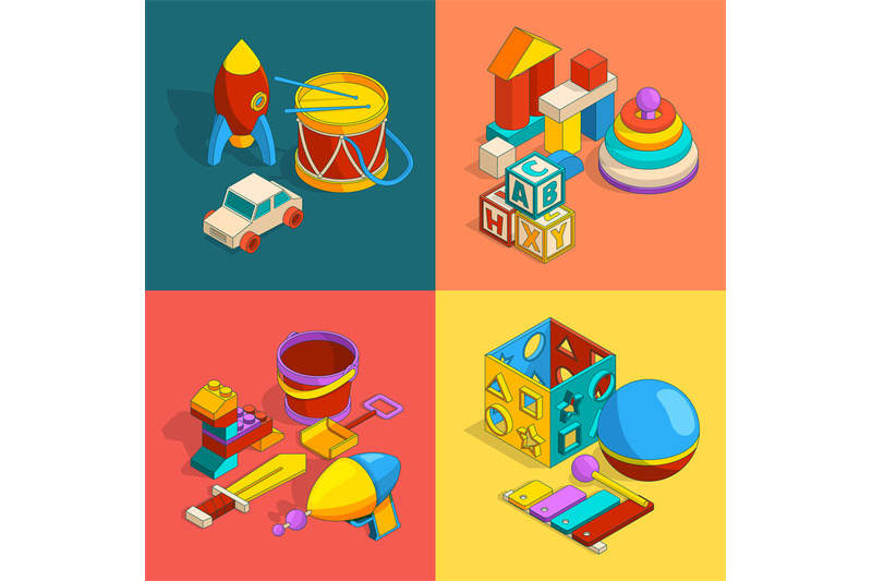 four-thematic-groups-of-preschool-children-toys-vector-isometric-illu