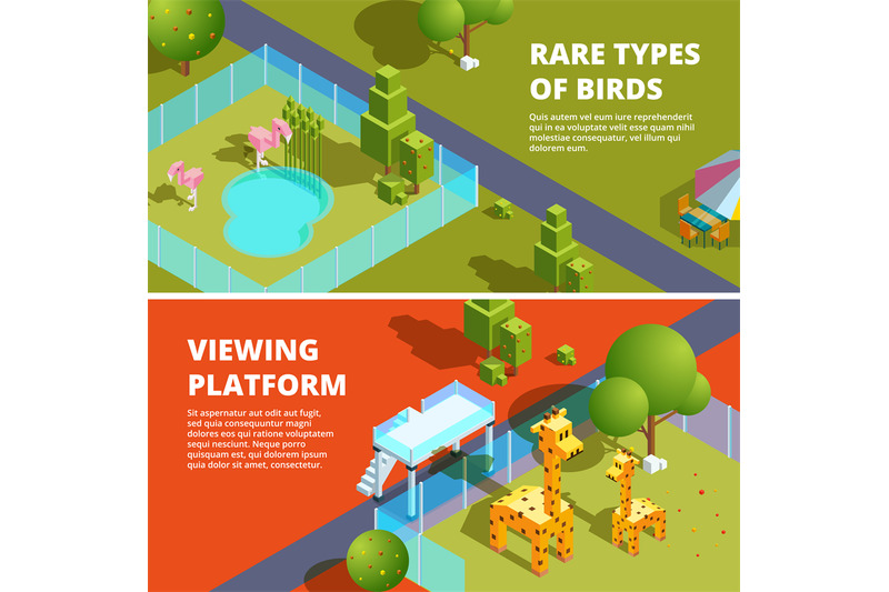 horizontal-banners-with-zoo-and-funny-animals-isometric-3d-illustrati