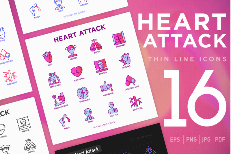 heart-attack-16-thin-line-icons-set