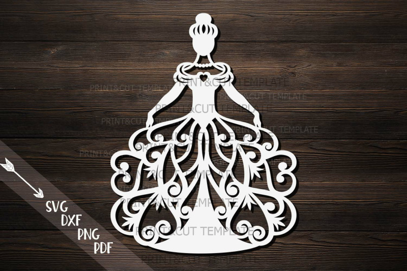 Download Bride in a floral swirls dress Wedding paper cut laser cut svg By kArtCreation | TheHungryJPEG.com