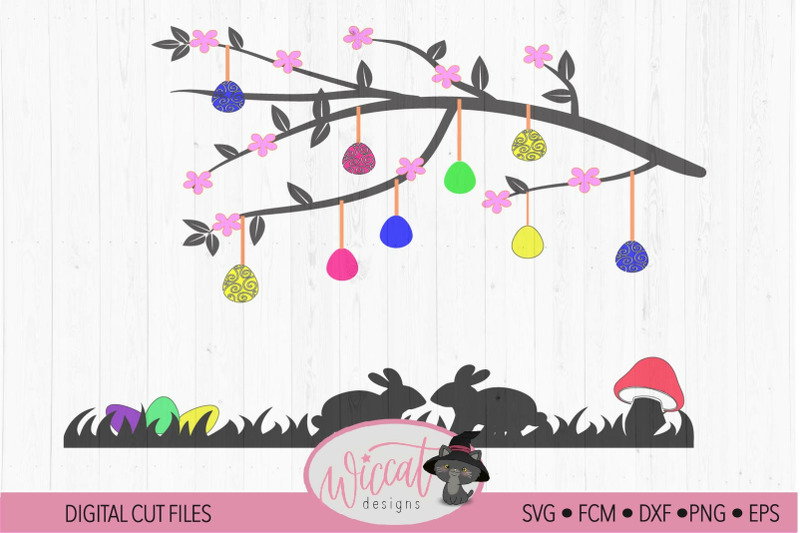 Download Easter Branch Window Decal Svg Easter Scene With Bunnies By Wiccatdesigns Thehungryjpeg Com