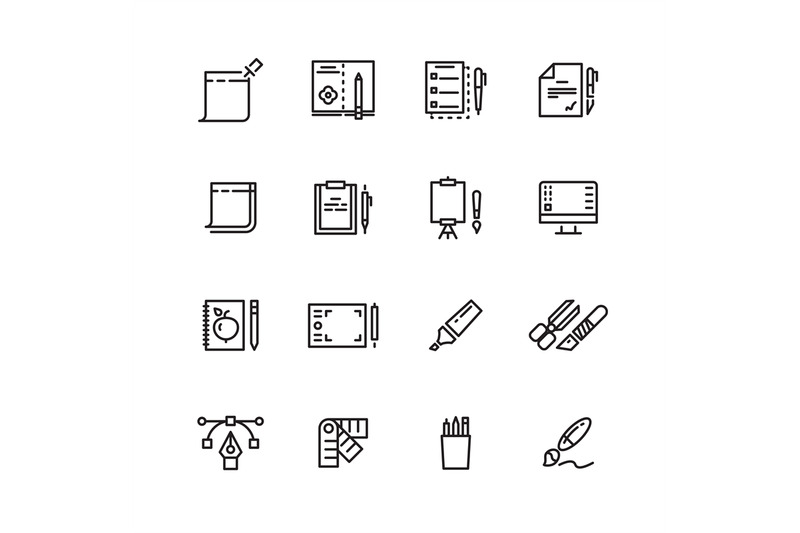 graphic-design-and-writing-tools-line-icons-set