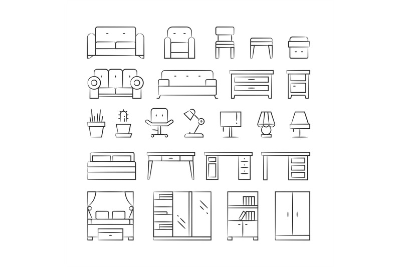 hand-drawn-living-room-furniture-icons-on-white-background