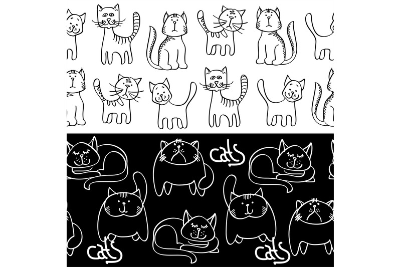 black-and-white-doodle-cats-seamless-borders