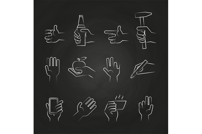 hand-icons-with-tools-and-elements-on-chalkboard