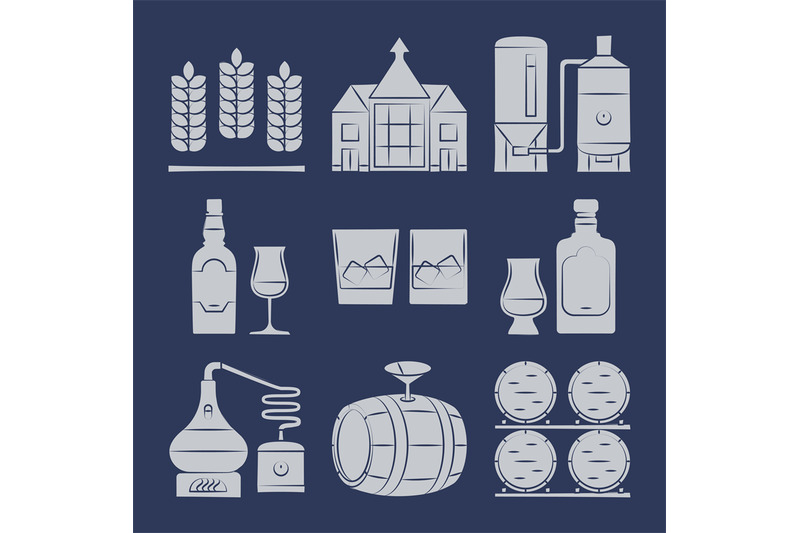 whisky-silhouette-icons-collection-on-blue